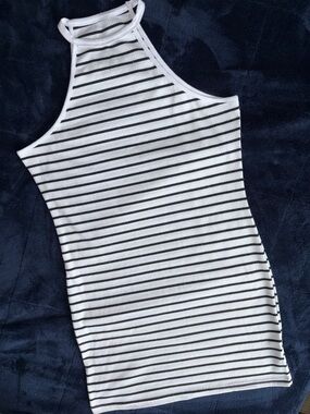 SHEIN White and Black Striped Halter Mini Dress